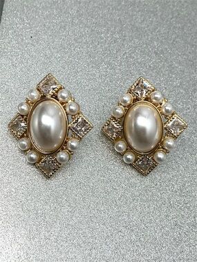 Gold Pearl Vintage Style  Earrings CZ Square Halo Stud  Old Antique Inspired